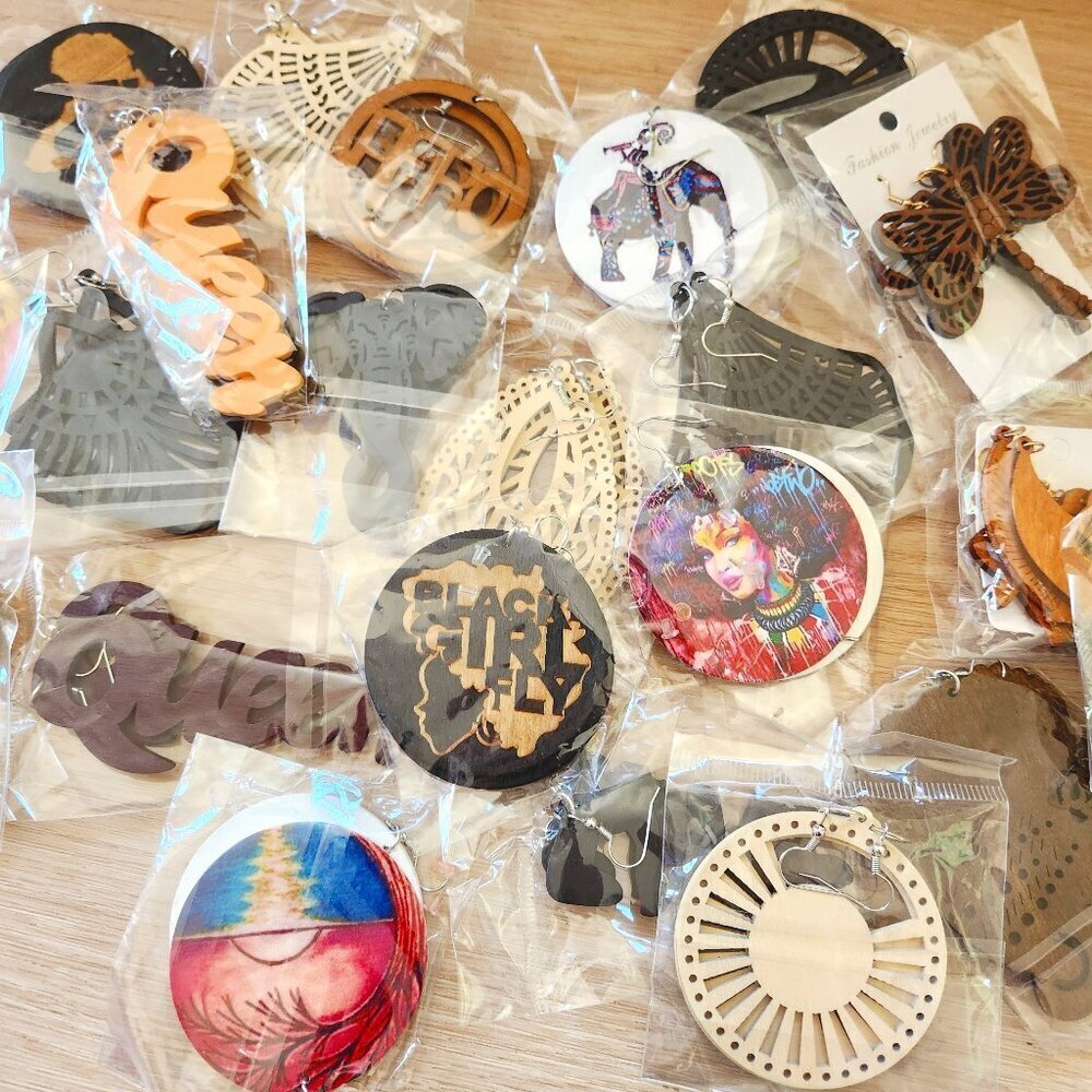 African Queen Black Girl Empowerment Wooden Statement Hook Earrings Lot 20 Pc